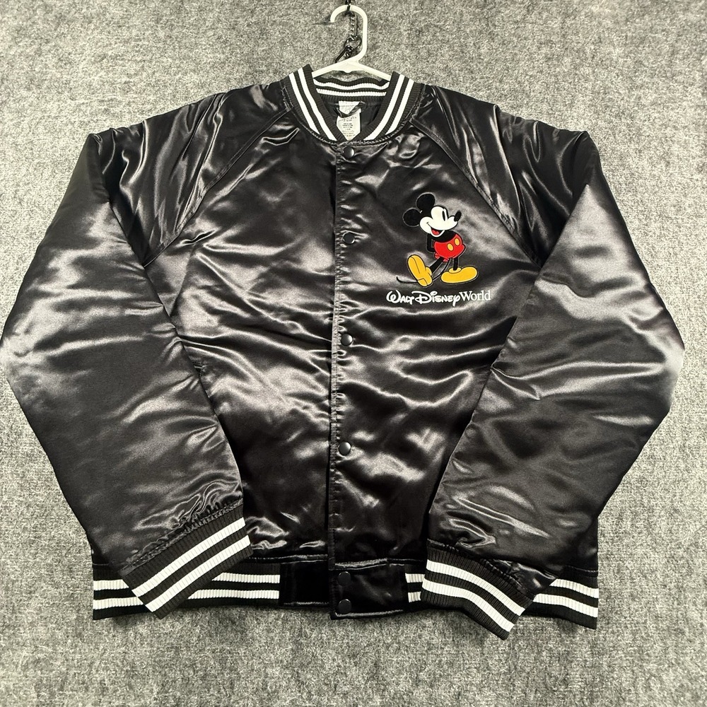 Disney Parks Mickey Mouse Mens Large Black Satin Bomber Jacket NWT Walt Disney
